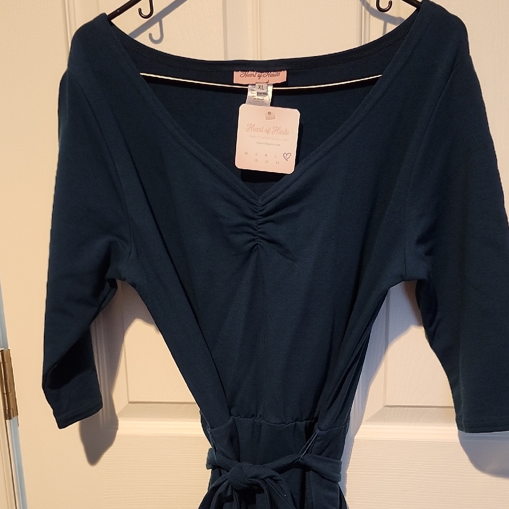 Teal V-Neck Dress with 3/4 Sleeves